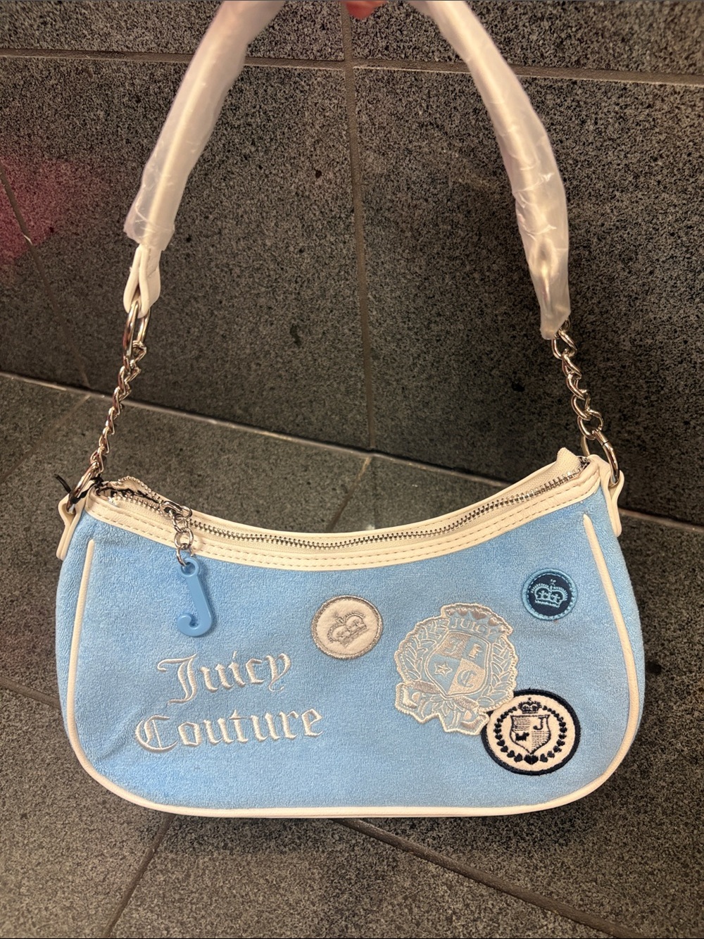 Juicy Couture Light Blue Suede Mini Shoulder Bag with White Trim